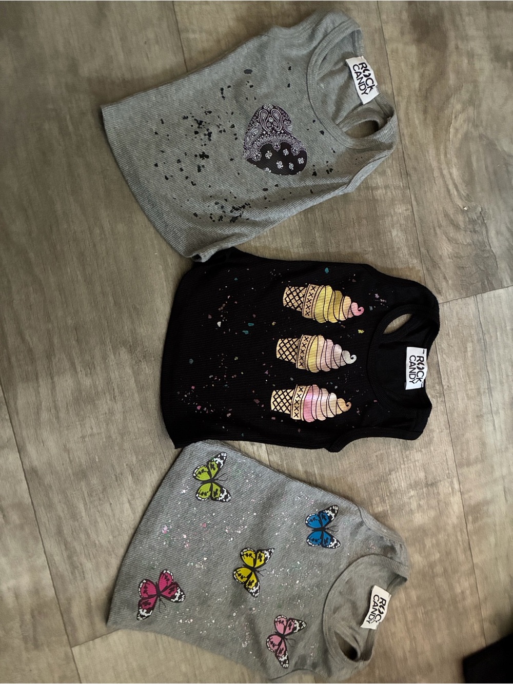 Rock & Candy Girls Tank Tops Set - Gray, Black, Multicolor Prints 3 tank bundle